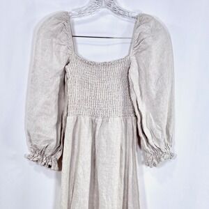 Reformation Gitane Linen Midi Dress Oatmeal Smocked Puff Sleeve Square Neck XS